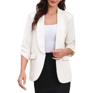 imageAllegra K Open Front Blazer for Womens Ruched 34 Sleeve Shawl Collar Office Dressy Suit JacketCream White
