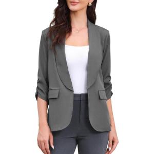 imageAllegra K Open Front Blazer for Womens Ruched 34 Sleeve Shawl Collar Office Dressy Suit JacketDark Gray