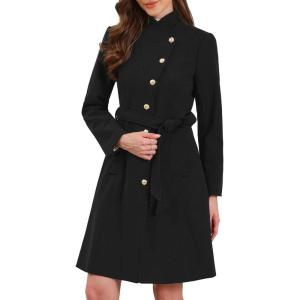 imageAllegra K Pea Coats for Women Fall Winter Stand Collar Single Breasted Long Trench Coat with Belt 2025Black