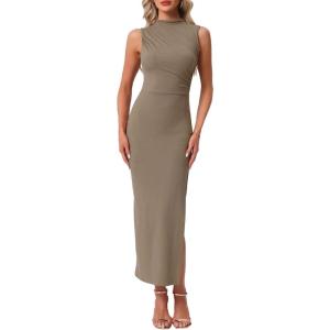 imageAllegra K Semi Formal Dress for Womens Wedding Guest Fall Mock Neck Slit Cocktail Maxi DressesKhaki