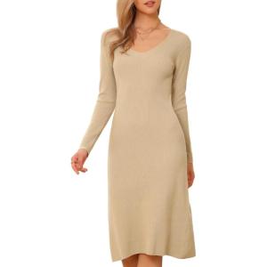 imageAllegra K Sweater Dress for Womens V Neck Long Sleeve Ribbed Knit Midi DressesBeige