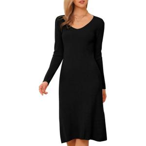 imageAllegra K Sweater Dress for Womens V Neck Long Sleeve Ribbed Knit Midi DressesBlack