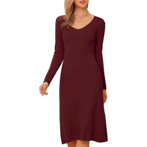 imageAllegra K Sweater Dress for Womens V Neck Long Sleeve Ribbed Knit Midi DressesBurgundy