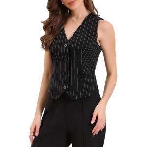 imageAllegra K Vest Tops for Women V Neck Sleeveless Button Down Striped Trendy Waistcoat Top Ladies Business Casual OutfitsBlack