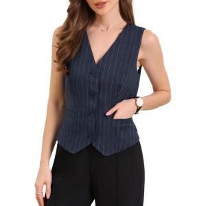 imageAllegra K Vest Tops for Women V Neck Sleeveless Button Down Striped Trendy Waistcoat Top Ladies Business Casual OutfitsDark Blue