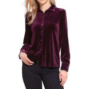 imageAllegra K Vintage Velvet Tops for Women Dressy Casual Long Sleeve Button Down Shirt BlouseDark Red
