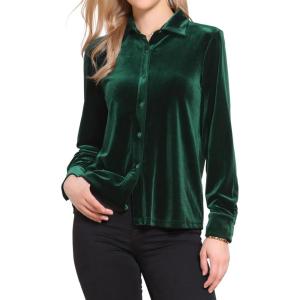 imageAllegra K Vintage Velvet Tops for Women Dressy Casual Long Sleeve Button Down Shirt BlouseGreen