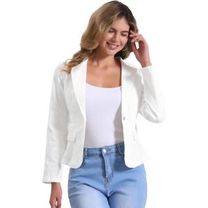 imageAllegra K Women Cropped Jean Jacket Long Sleeve Collarless One Button Lightweight Stretchy Fitted Denim Shacket JacketsBeige Less White More