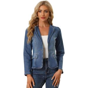 imageAllegra K Women Cropped Jean Jacket Long Sleeve Collarless One Button Lightweight Stretchy Fitted Denim Shacket JacketsBlue