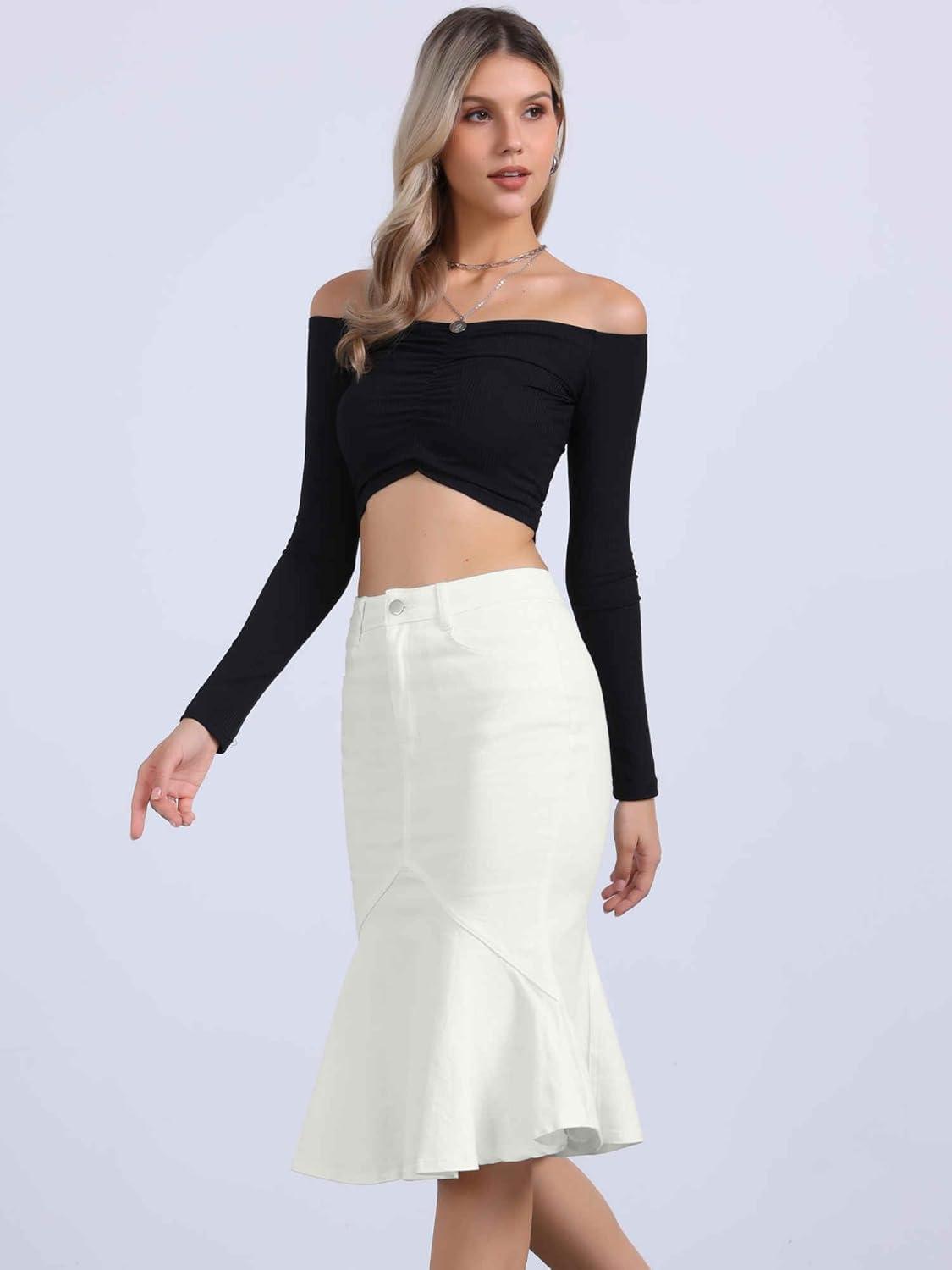 imageAllegra K Denim Jean Skirt for Womens High Waist Bodycon Ruffles Fishtail SkirtsWhite