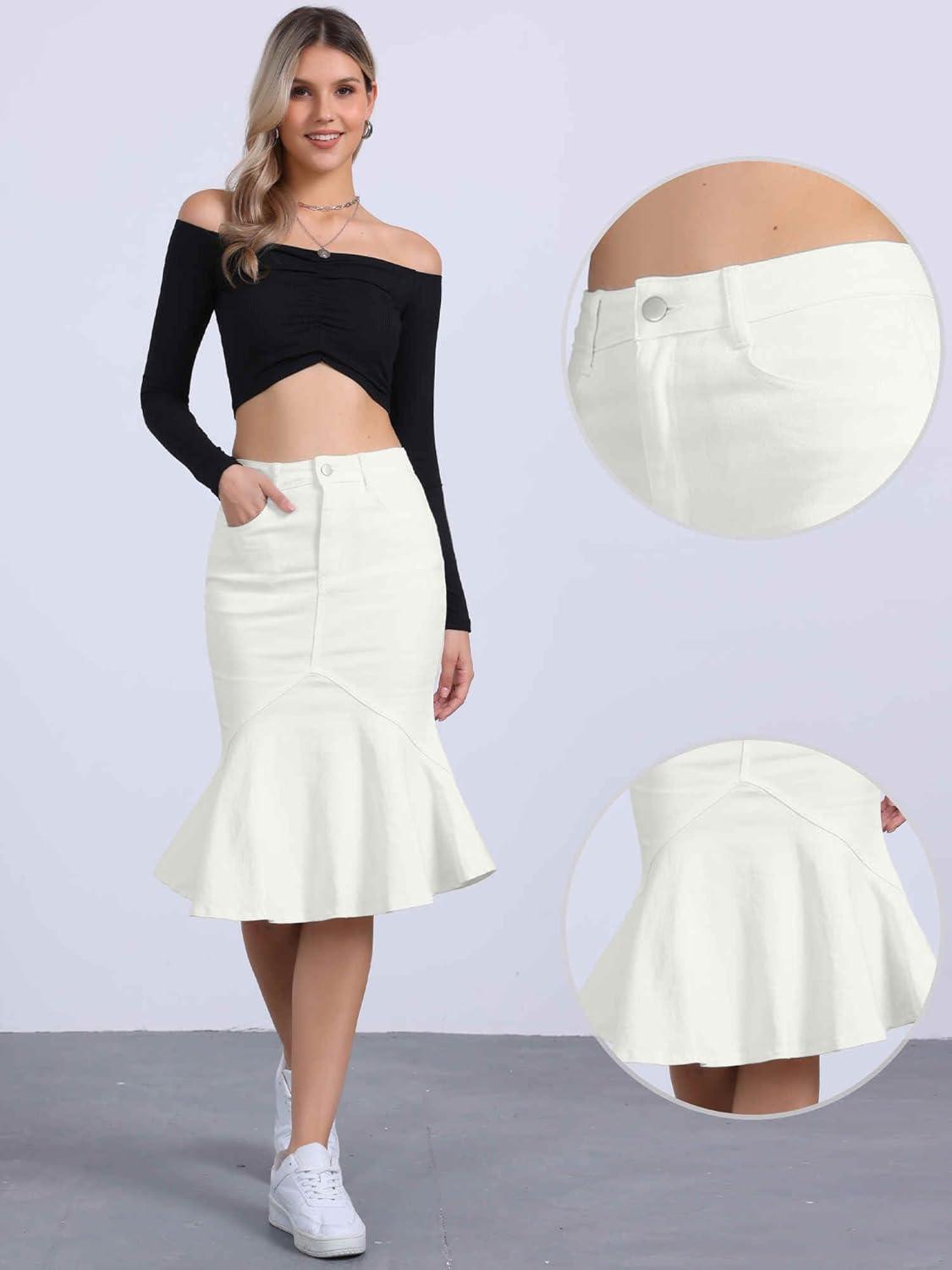 imageAllegra K Denim Jean Skirt for Womens High Waist Bodycon Ruffles Fishtail SkirtsWhite