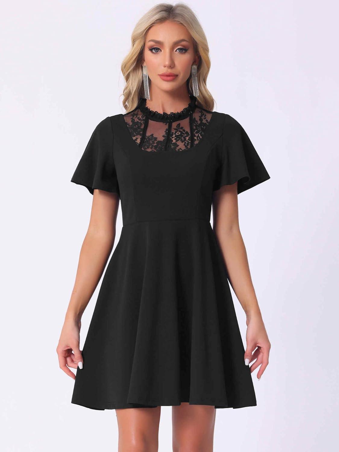 imageAllegra K Gothic Dress for Women Halloween Party Dress with Lace Mock Neck ALine Vintage Cocktail DressesBlack