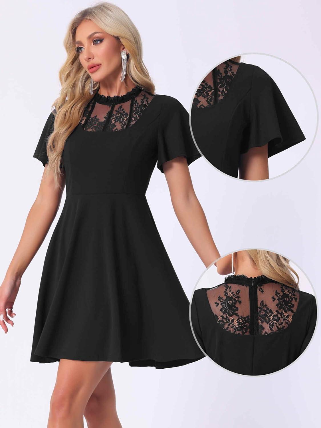 imageAllegra K Gothic Dress for Women Halloween Party Dress with Lace Mock Neck ALine Vintage Cocktail DressesBlack