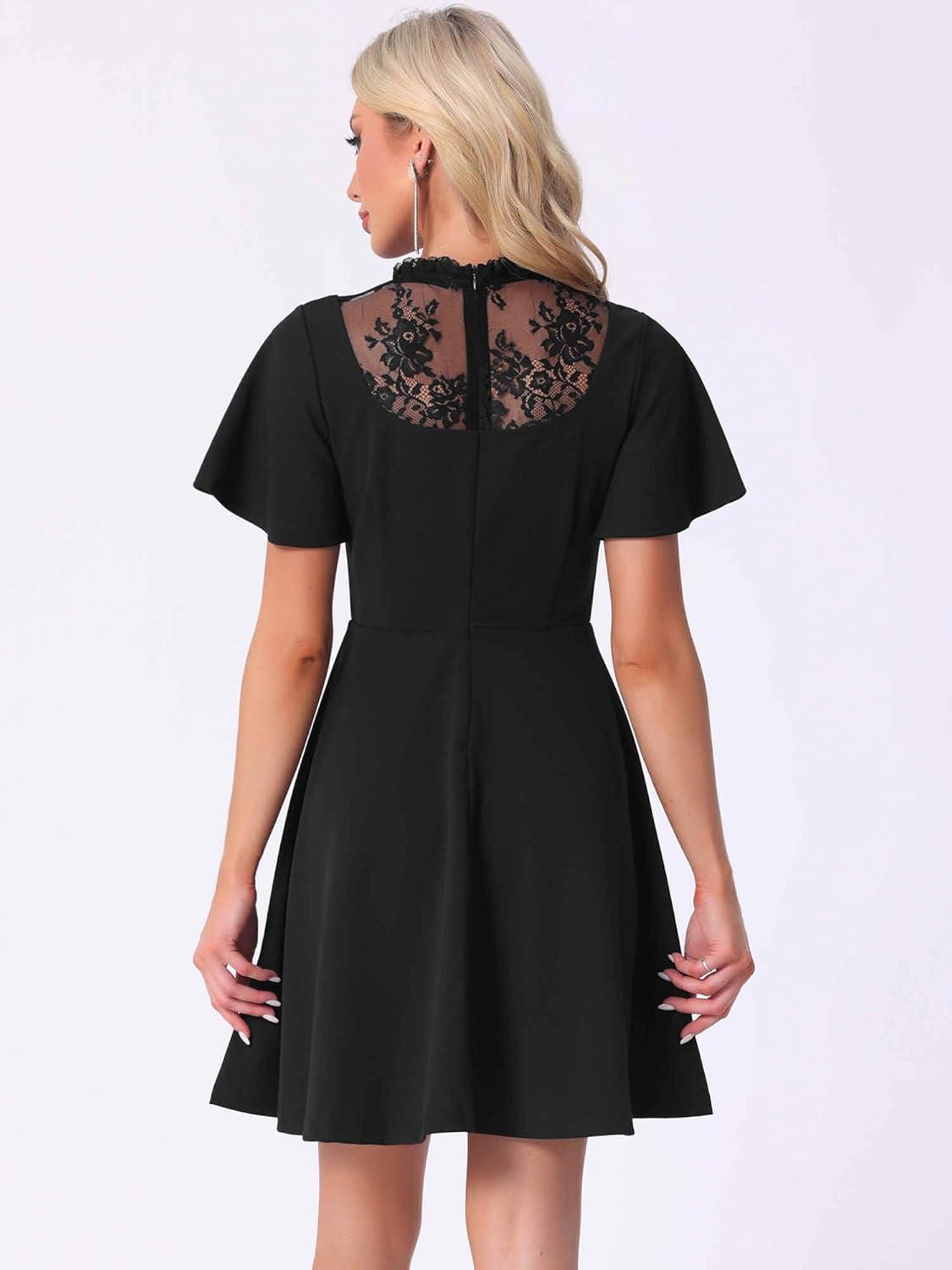 imageAllegra K Gothic Dress for Women Halloween Party Dress with Lace Mock Neck ALine Vintage Cocktail DressesBlack