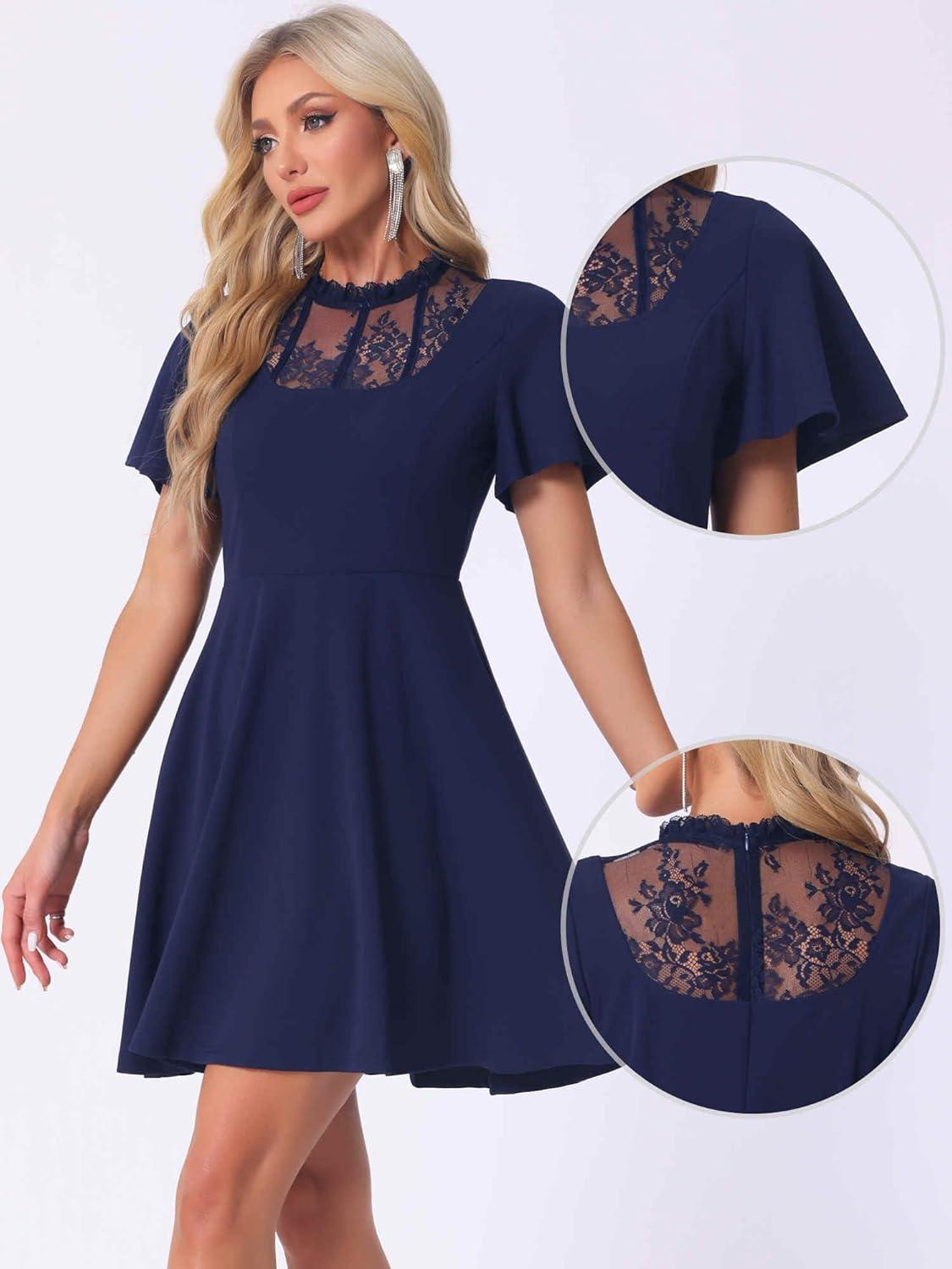 imageAllegra K Gothic Dress for Women Halloween Party Dress with Lace Mock Neck ALine Vintage Cocktail DressesDark Blue