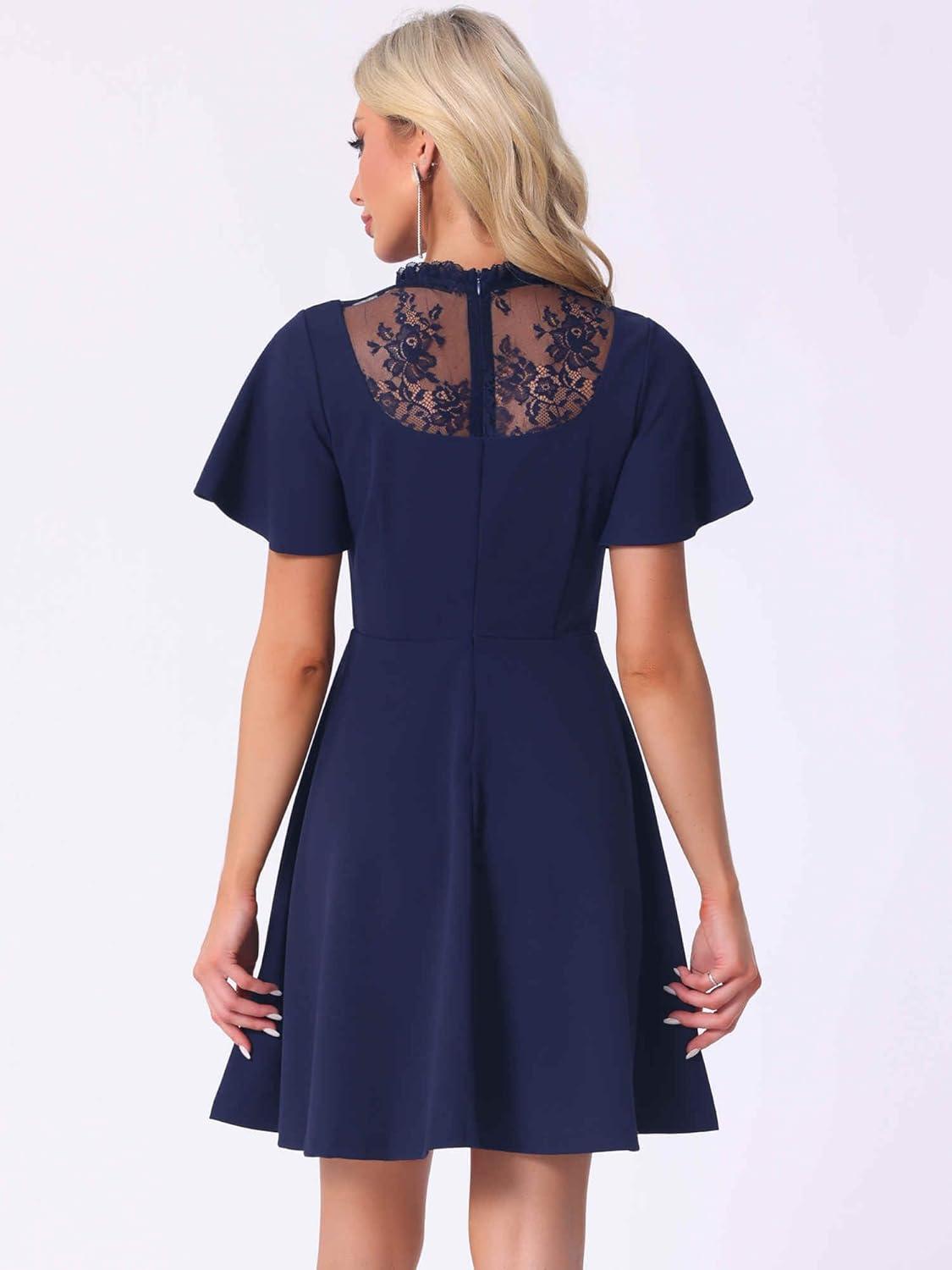 imageAllegra K Gothic Dress for Women Halloween Party Dress with Lace Mock Neck ALine Vintage Cocktail DressesDark Blue