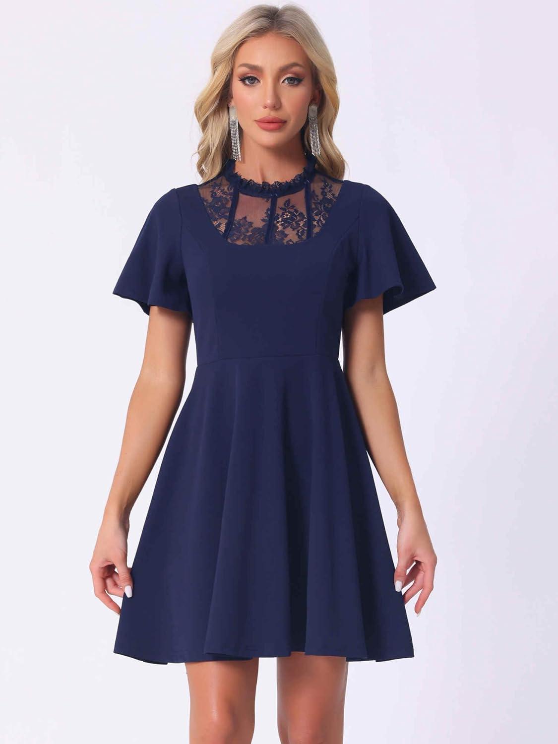 imageAllegra K Gothic Dress for Women Halloween Party Dress with Lace Mock Neck ALine Vintage Cocktail DressesDark Blue