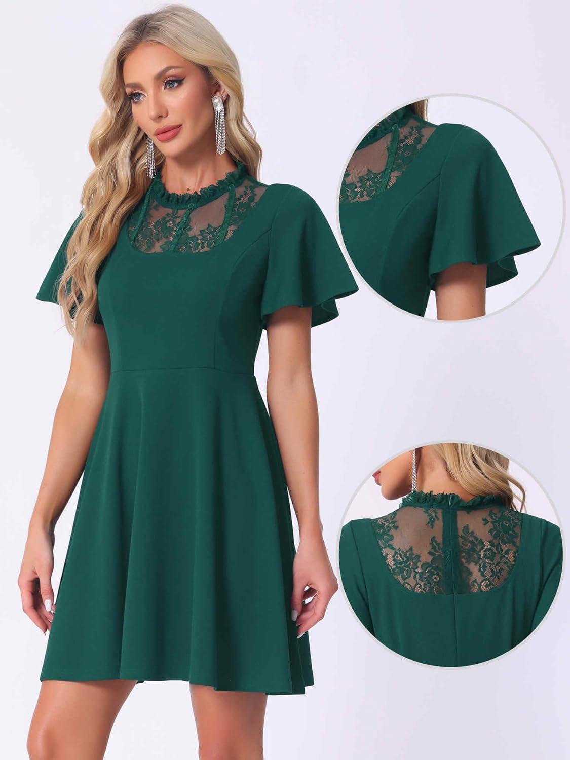 imageAllegra K Gothic Dress for Women Halloween Party Dress with Lace Mock Neck ALine Vintage Cocktail DressesDark Green