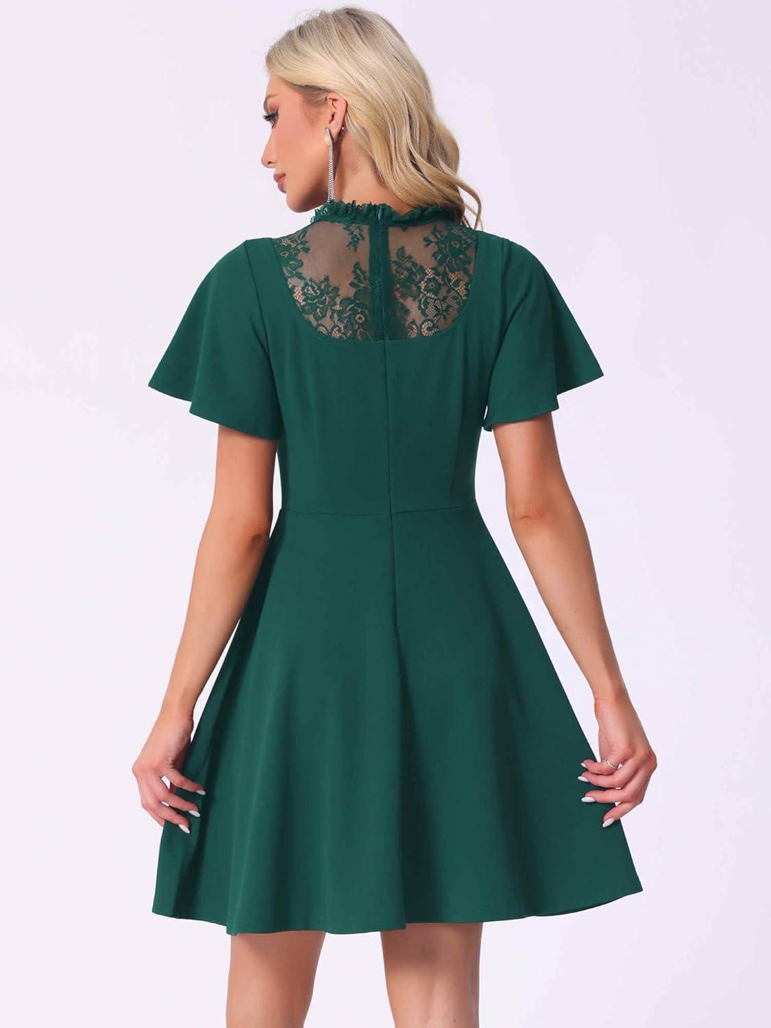 imageAllegra K Gothic Dress for Women Halloween Party Dress with Lace Mock Neck ALine Vintage Cocktail DressesDark Green