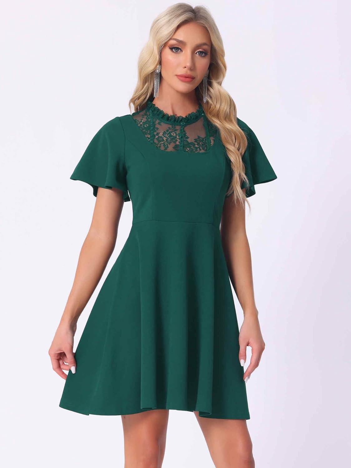 imageAllegra K Gothic Dress for Women Halloween Party Dress with Lace Mock Neck ALine Vintage Cocktail DressesDark Green