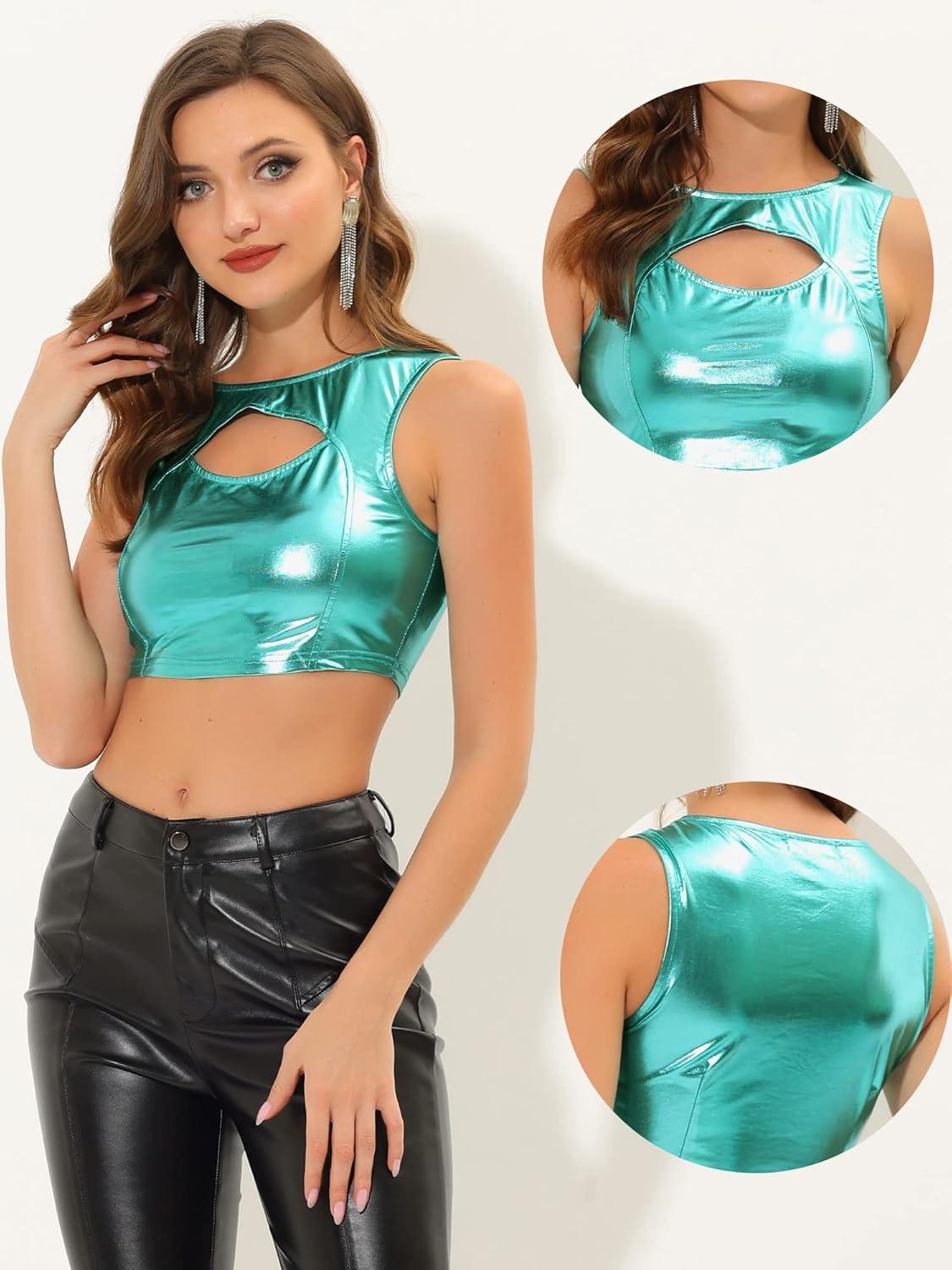 imageAllegra K Metallic Crop Top for Womens Sleeveless Cut Out Party Clubwear Holographic Tank TopsLake Green