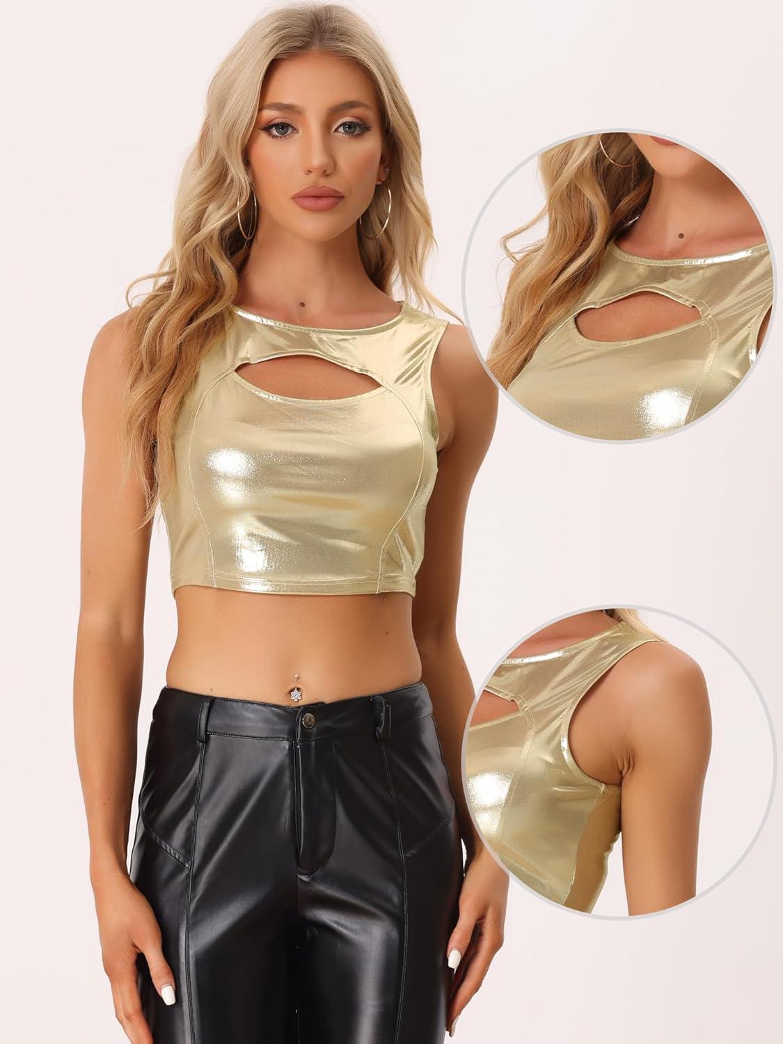 imageAllegra K Metallic Crop Top for Womens Sleeveless Cut Out Party Clubwear Holographic Tank TopsLight Gold