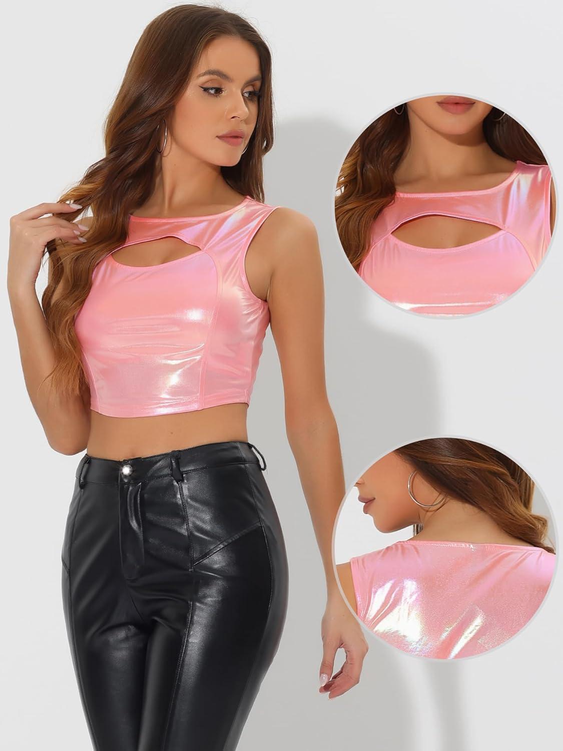 imageAllegra K Metallic Crop Top for Womens Sleeveless Cut Out Party Clubwear Holographic Tank TopsLight Pink