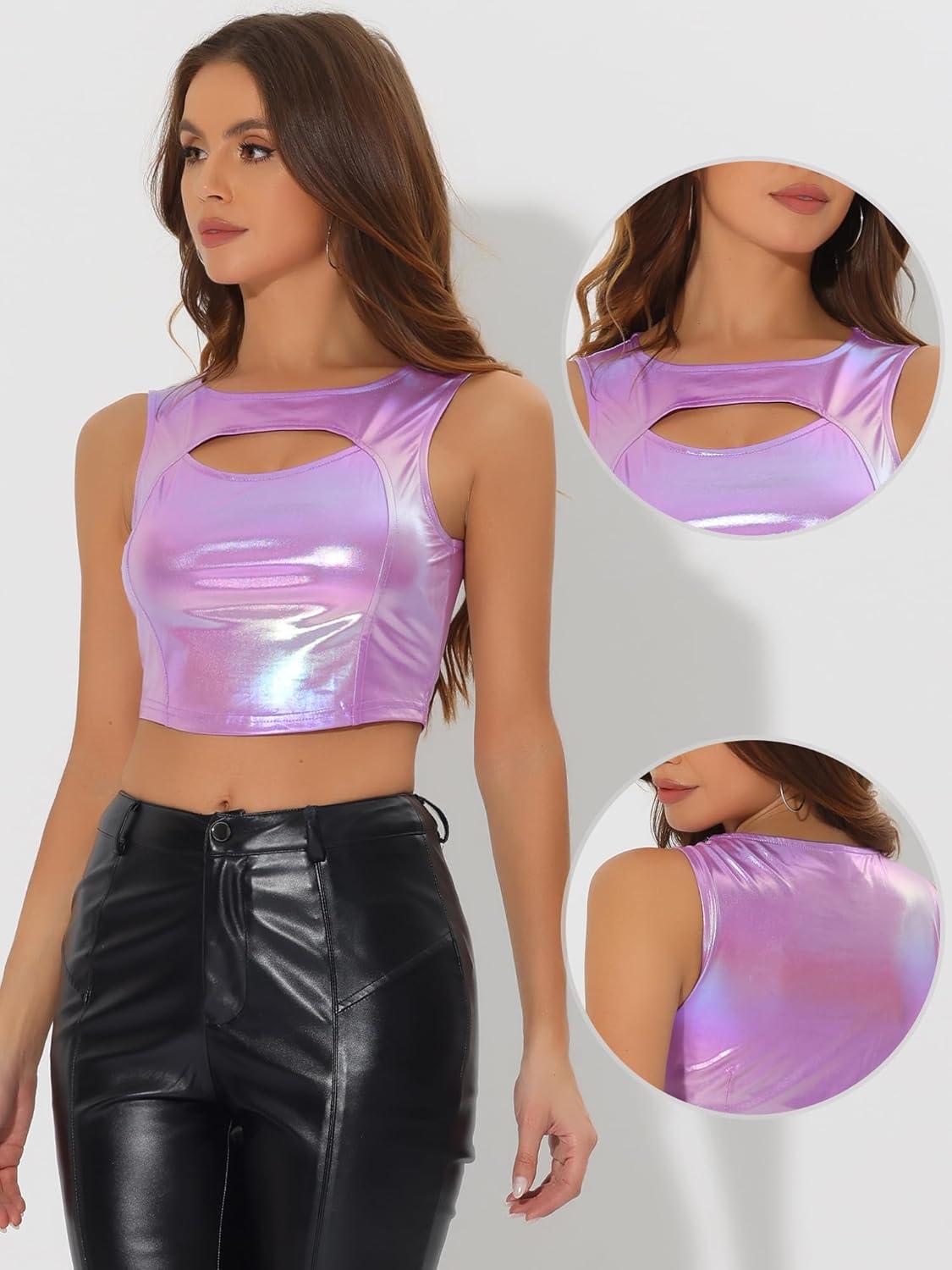 imageAllegra K Metallic Crop Top for Womens Sleeveless Cut Out Party Clubwear Holographic Tank TopsLight Purple