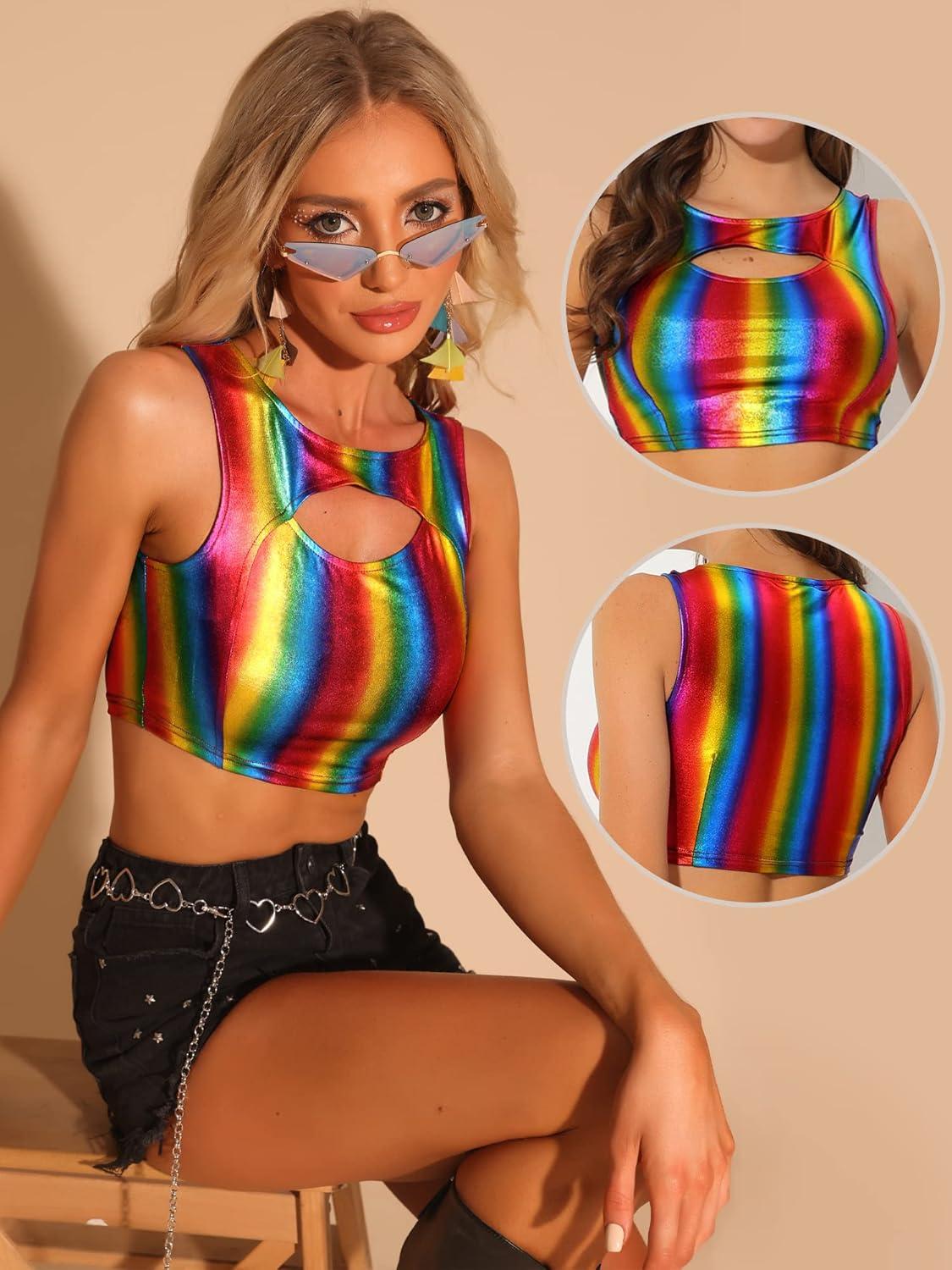 imageAllegra K Metallic Crop Top for Womens Sleeveless Cut Out Party Clubwear Holographic Tank TopsMulticolor