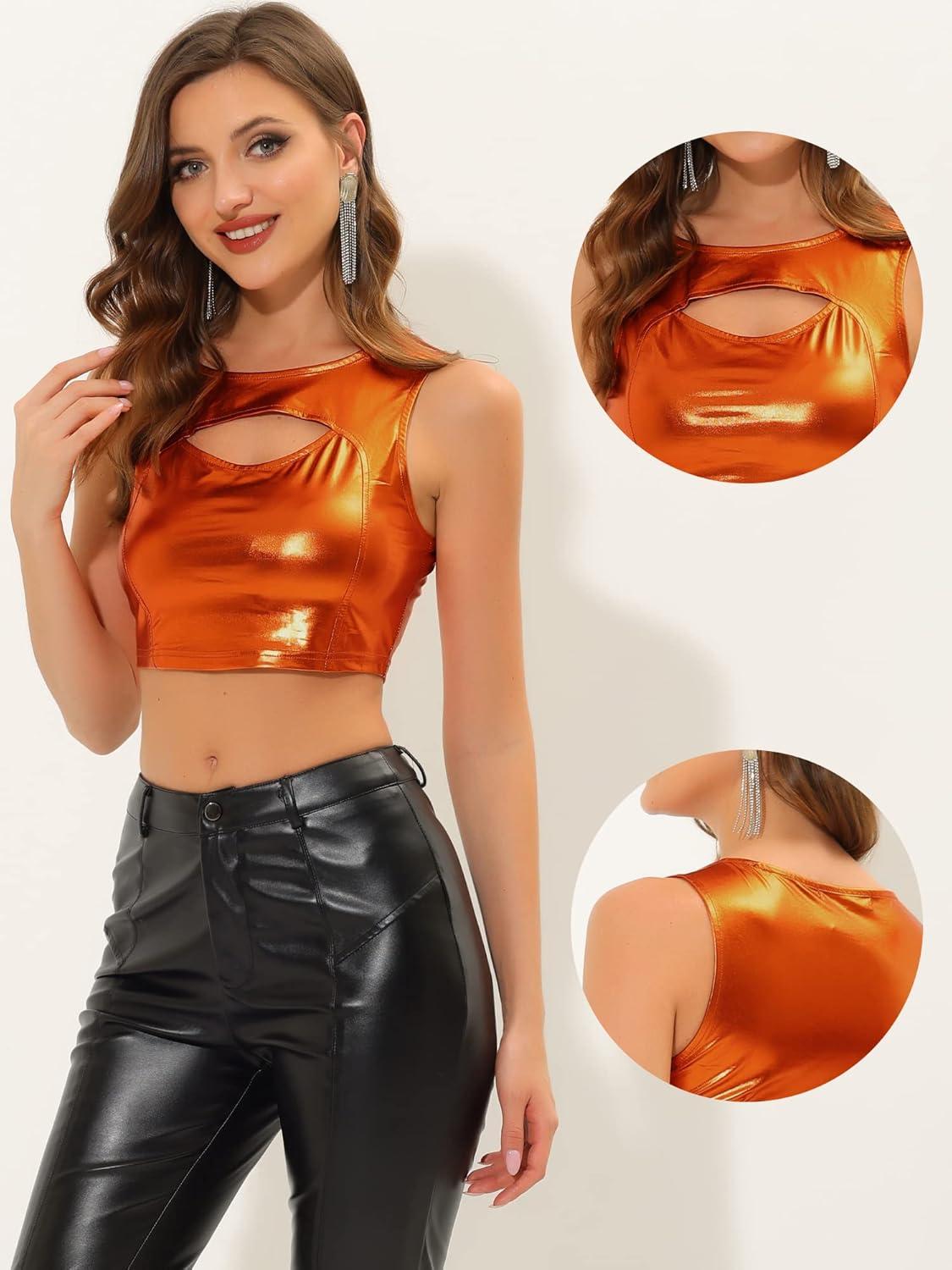 imageAllegra K Metallic Crop Top for Womens Sleeveless Cut Out Party Clubwear Holographic Tank TopsOrange