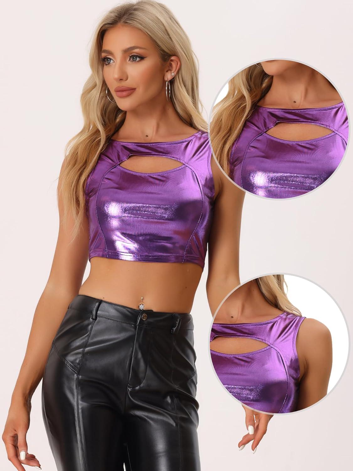 imageAllegra K Metallic Crop Top for Womens Sleeveless Cut Out Party Clubwear Holographic Tank TopsPurple