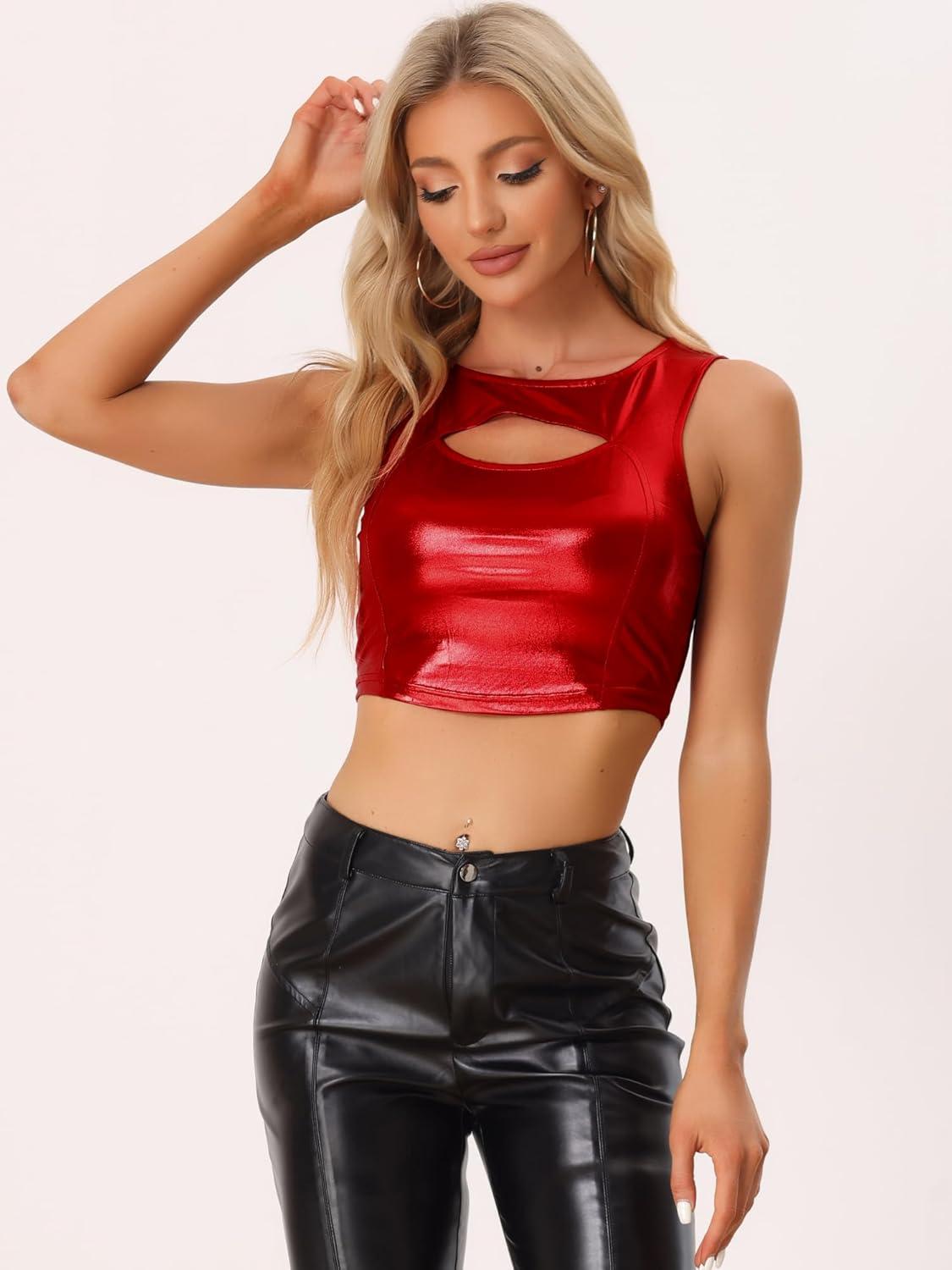imageAllegra K Metallic Crop Top for Womens Sleeveless Cut Out Party Clubwear Holographic Tank TopsRed