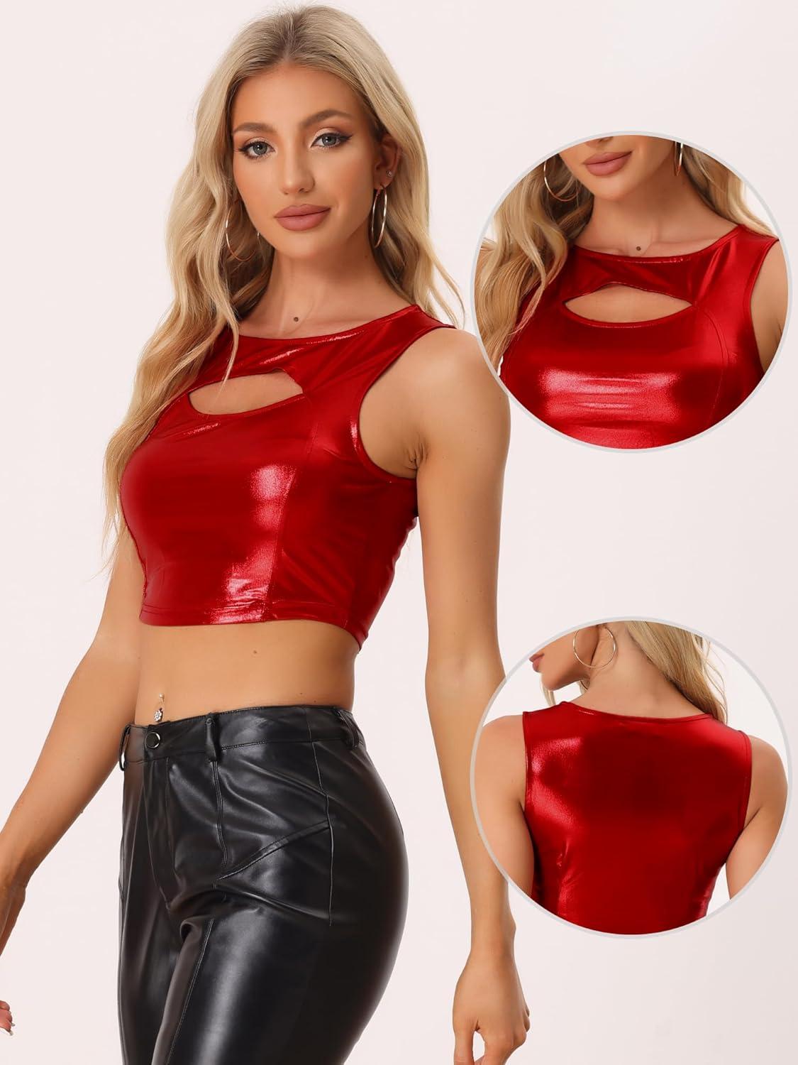 imageAllegra K Metallic Crop Top for Womens Sleeveless Cut Out Party Clubwear Holographic Tank TopsRed