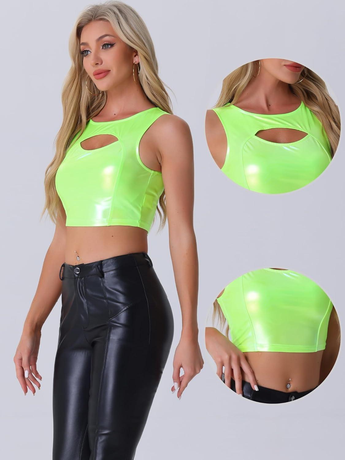 imageAllegra K Metallic Crop Top for Womens Sleeveless Cut Out Party Clubwear Holographic Tank TopsShiny Green