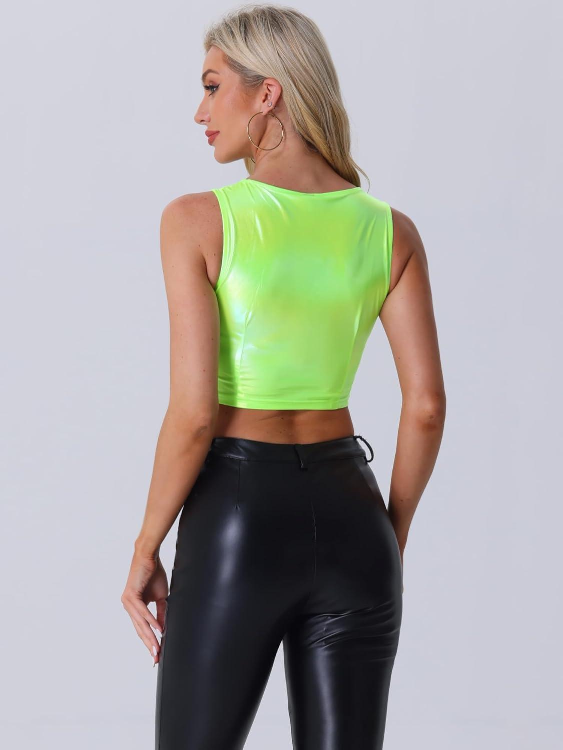 imageAllegra K Metallic Crop Top for Womens Sleeveless Cut Out Party Clubwear Holographic Tank TopsShiny Green