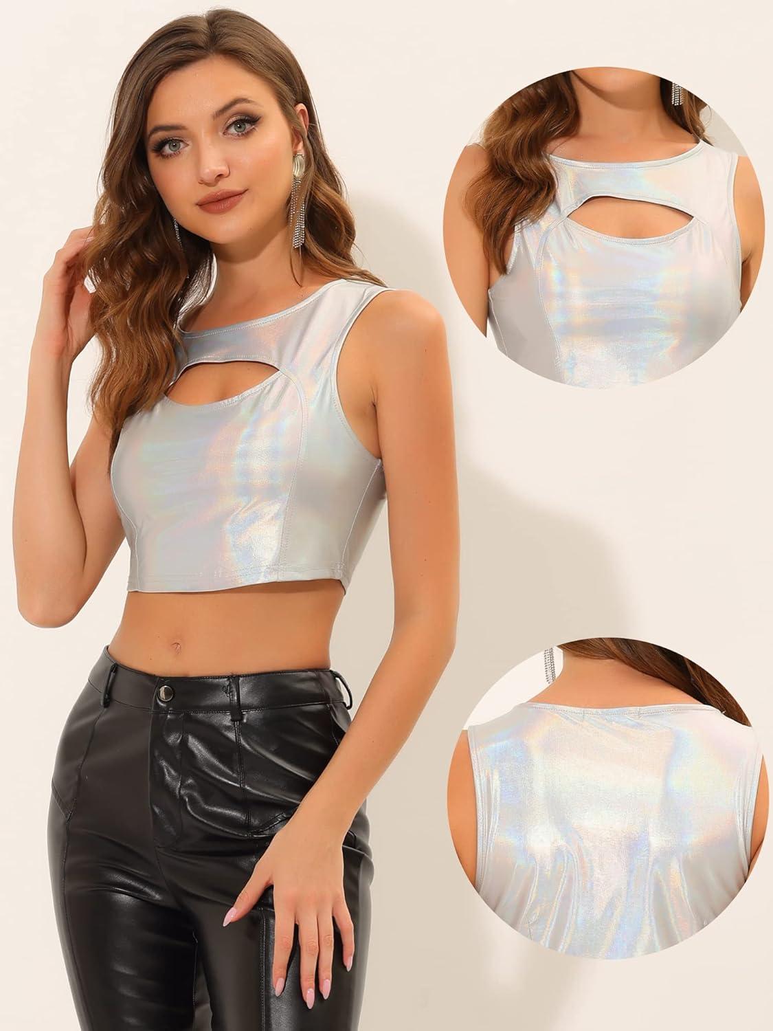 imageAllegra K Metallic Crop Top for Womens Sleeveless Cut Out Party Clubwear Holographic Tank TopsSilver