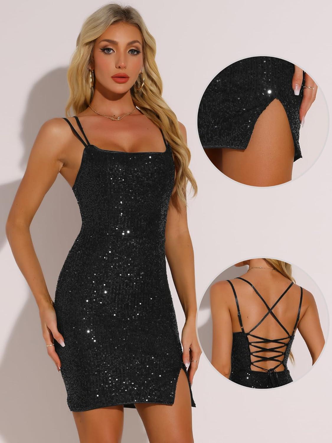 imageAllegra K Party Mini Dress for Womens Clubwear Laceup Spaghetti Straps Bodycon Sparkly Glitter Sequin DressBlack