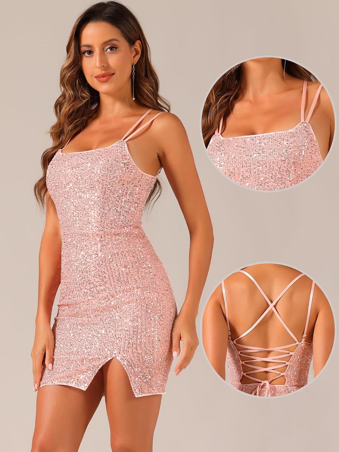 imageAllegra K Party Mini Dress for Womens Clubwear Laceup Spaghetti Straps Bodycon Sparkly Glitter Sequin DressPink