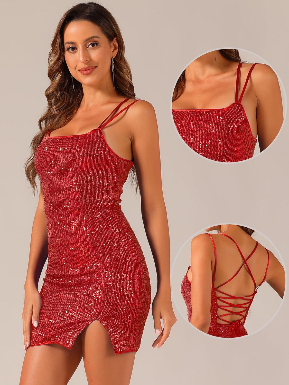 imageAllegra K Party Mini Dress for Womens Clubwear Laceup Spaghetti Straps Bodycon Sparkly Glitter Sequin DressRed