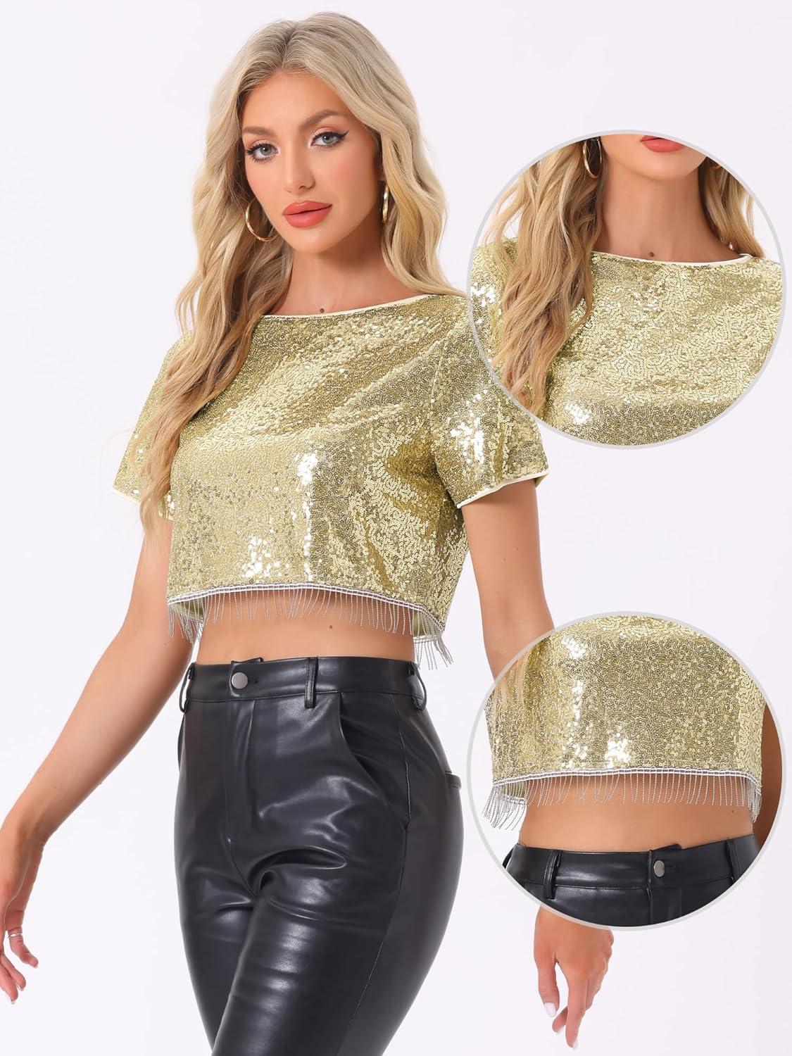 imageAllegra K Sequin Tops for Womens Glitter Short Sleeve Cropped Round Neck Tassel Cocktail Party Sparkly TopChampagne Gold