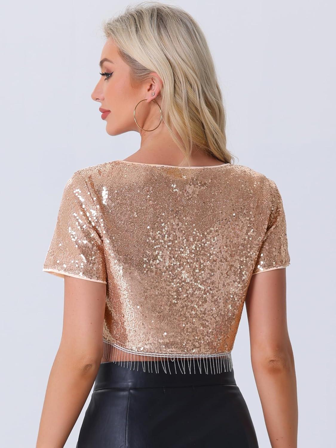 imageAllegra K Sequin Tops for Womens Glitter Short Sleeve Cropped Round Neck Tassel Cocktail Party Sparkly TopRose Gold