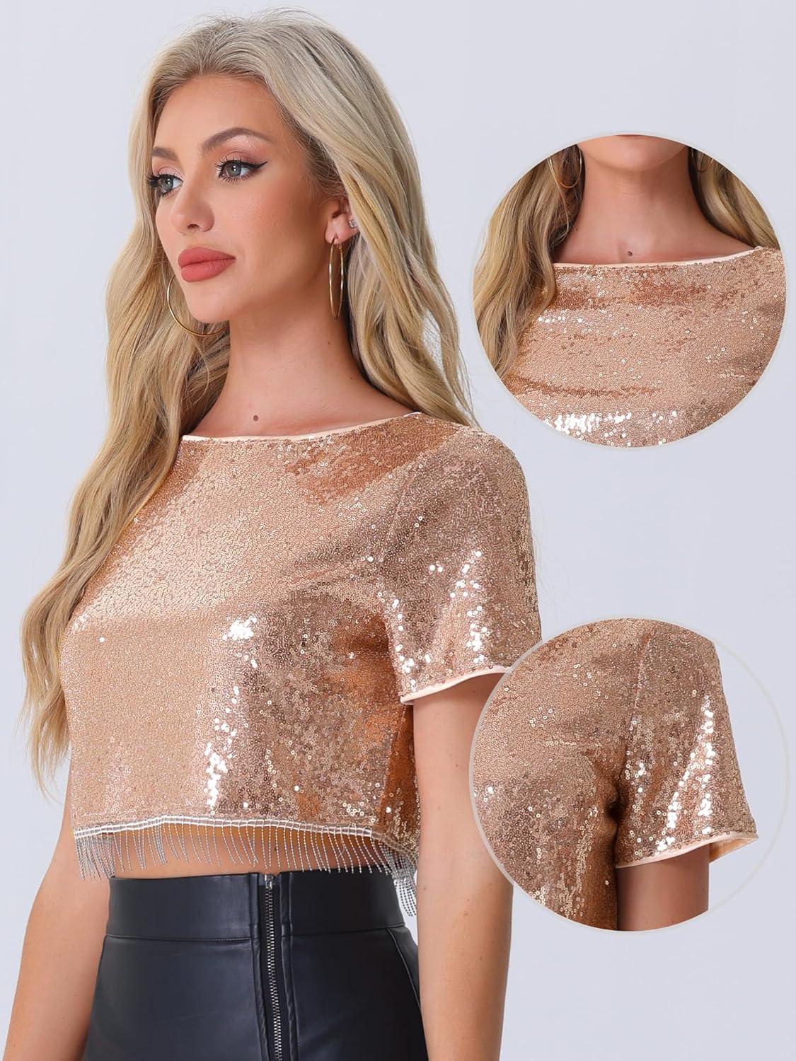 imageAllegra K Sequin Tops for Womens Glitter Short Sleeve Cropped Round Neck Tassel Cocktail Party Sparkly TopRose Gold