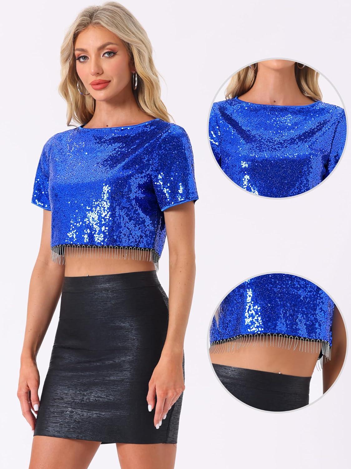 imageAllegra K Sequin Tops for Womens Glitter Short Sleeve Cropped Round Neck Tassel Cocktail Party Sparkly TopRoyal Blue