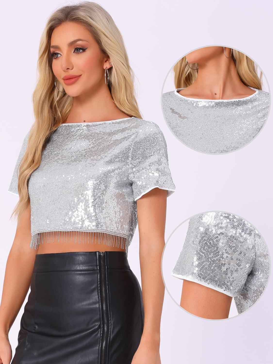 imageAllegra K Sequin Tops for Womens Glitter Short Sleeve Cropped Round Neck Tassel Cocktail Party Sparkly TopSilver