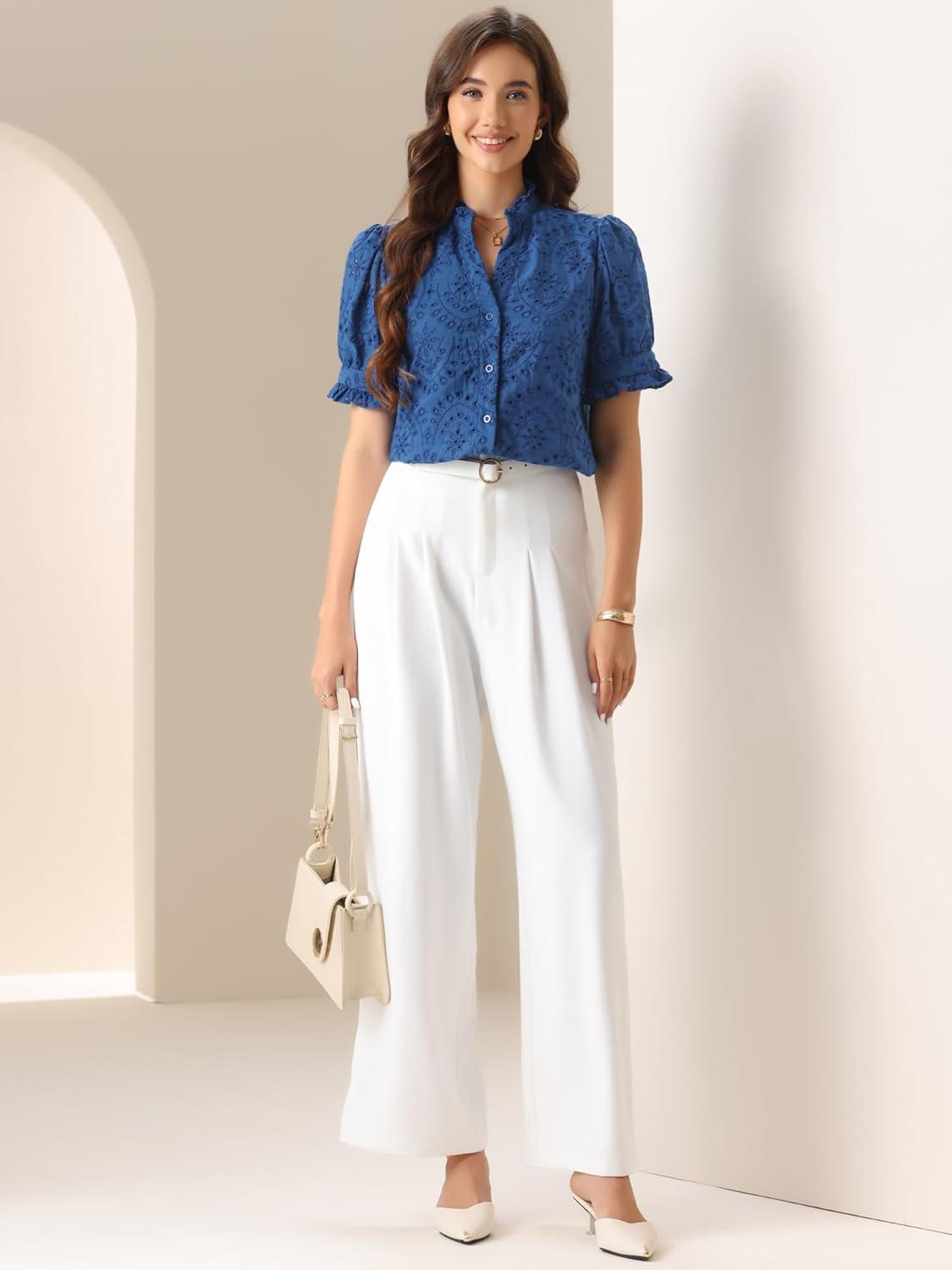 imageAllegra K Summer Tops for Womens Dressy Short Sleeve V Neck Buttons Hollow Out Embroidered Blouses ShirtsBlue