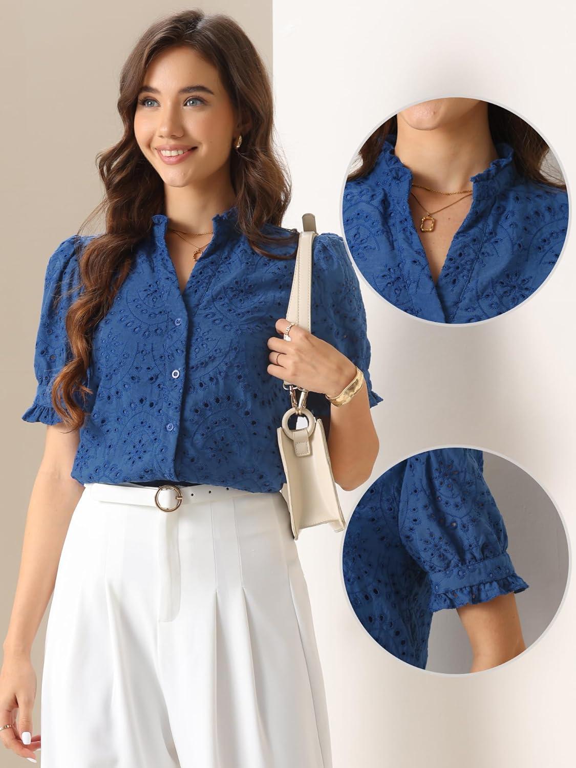 imageAllegra K Summer Tops for Womens Dressy Short Sleeve V Neck Buttons Hollow Out Embroidered Blouses ShirtsBlue