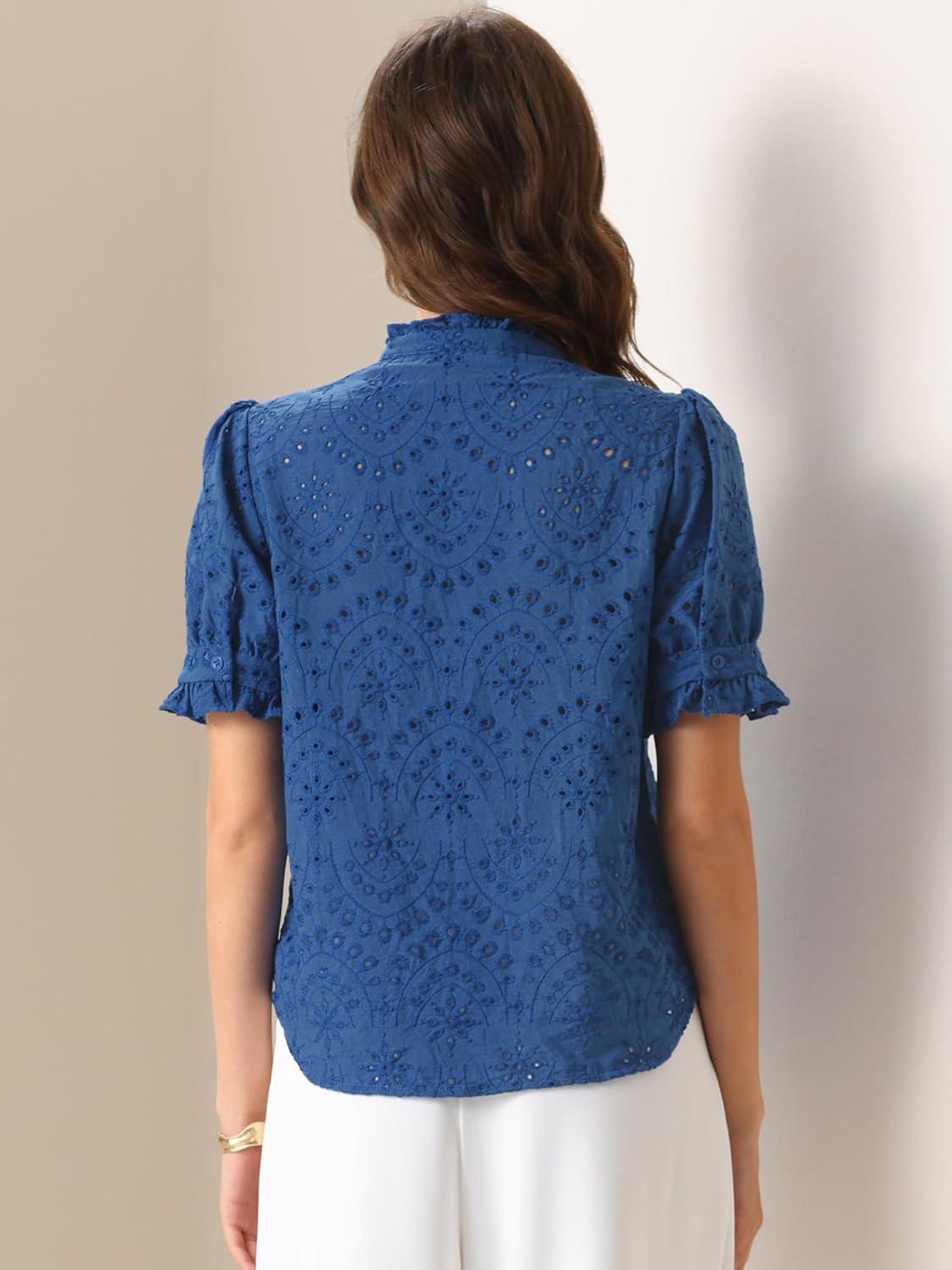 imageAllegra K Summer Tops for Womens Dressy Short Sleeve V Neck Buttons Hollow Out Embroidered Blouses ShirtsBlue