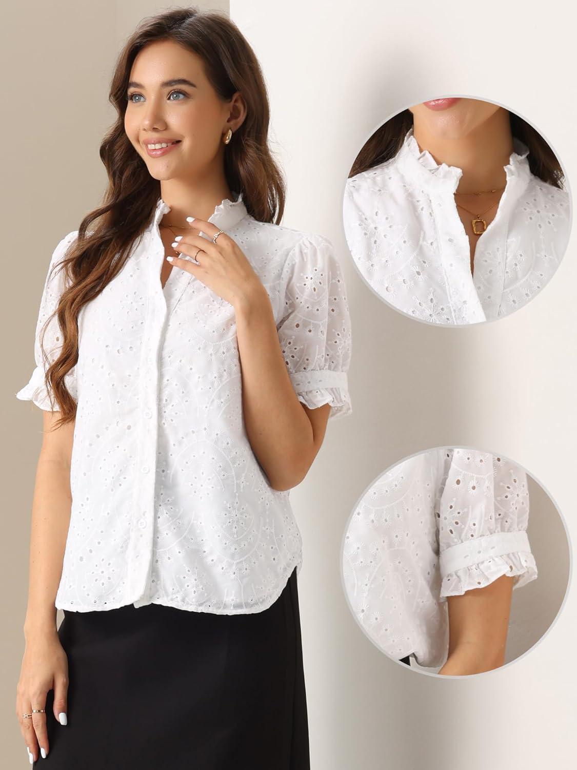 imageAllegra K Summer Tops for Womens Dressy Short Sleeve V Neck Buttons Hollow Out Embroidered Blouses ShirtsWhite