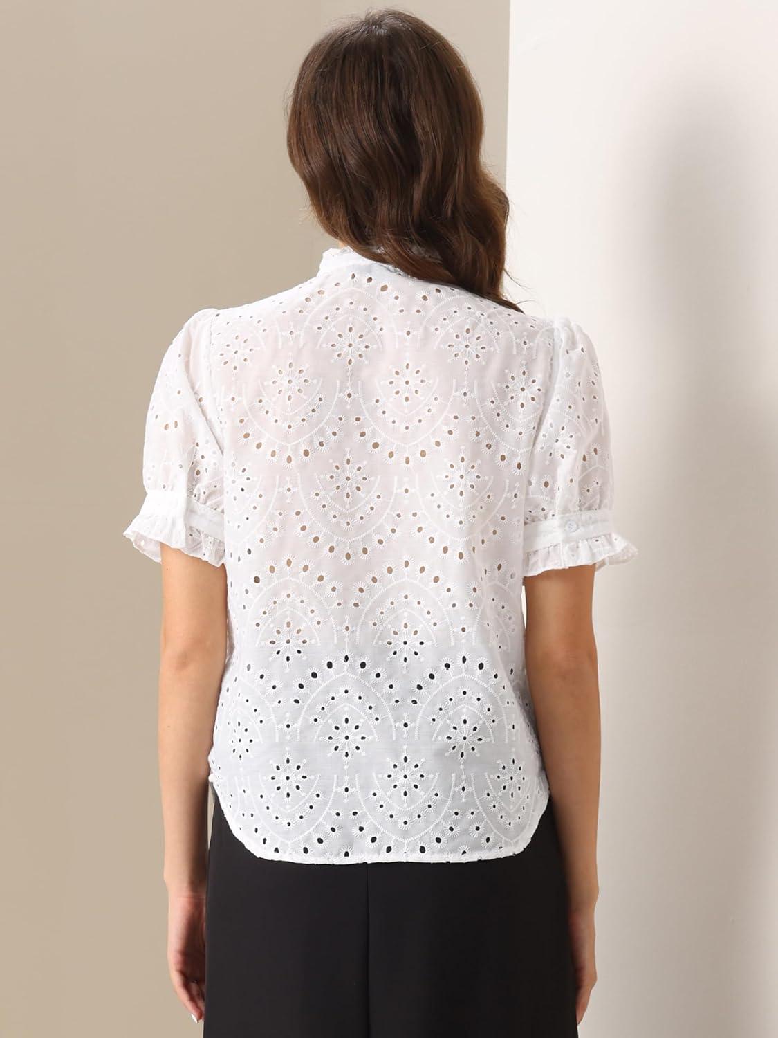 imageAllegra K Summer Tops for Womens Dressy Short Sleeve V Neck Buttons Hollow Out Embroidered Blouses ShirtsWhite