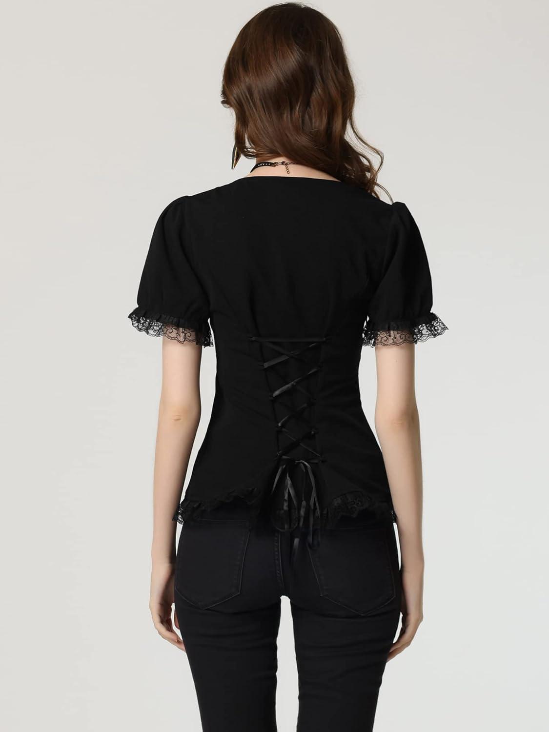 imageAllegra K Victorian Shirt for Womens Sweetheart Neck Puff Sleeve Halloween Lace Up Gothic BlouseBlack